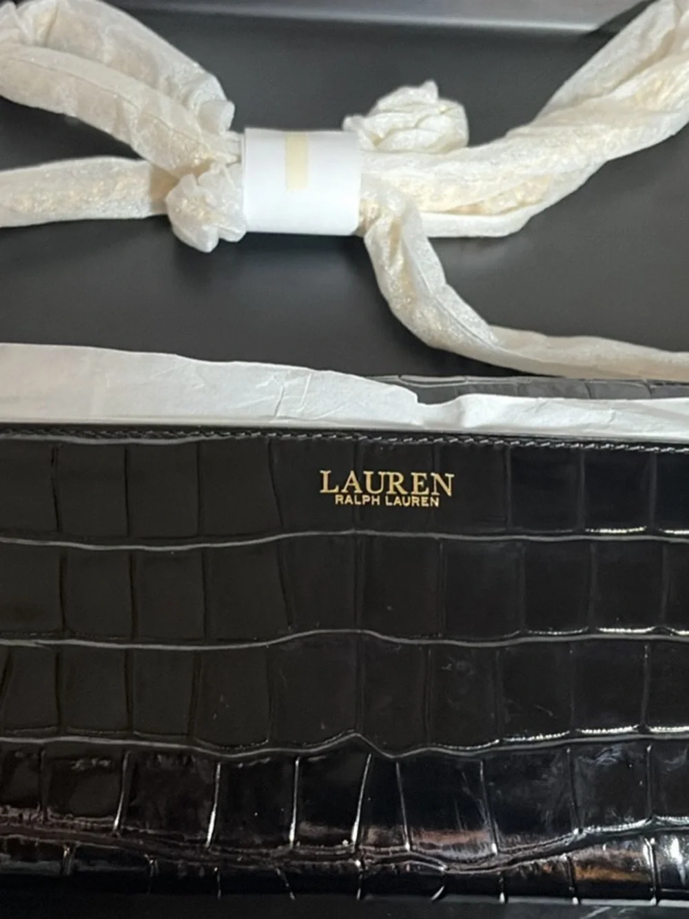 Ralph Lauren Black Croc-Embossed Wallet Crossbody with Gold RLL Logo - Picture 2 of 5